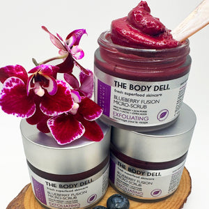 Berry and lavender body butter, enriched with a blueberry fusion scrub, offering a soothing and exfoliating experience.