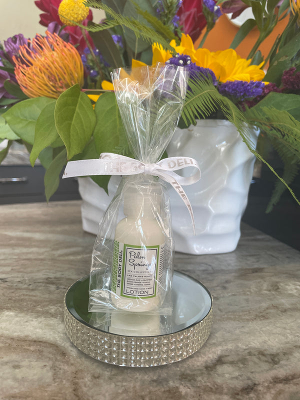 Mini Palm Springs Lotion in cello bag with Body Deli Logo Ribbon