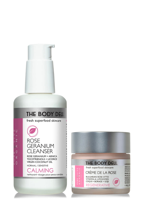 Two skincare products by The Body Deli: a rose geranium cleanser and crème de la rose.