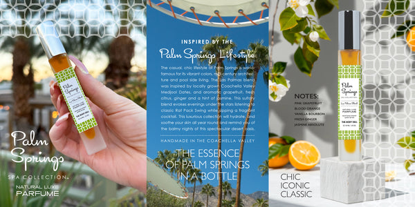 A hand gracefully holds a perfume bottle, with a backdrop featuring serene palm trees under a clear sky.