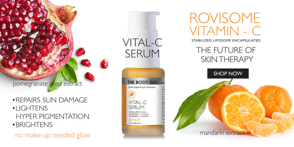 An innovative skin therapy scene showcasing Vital C serum, highlighting its role in future skincare advancements.