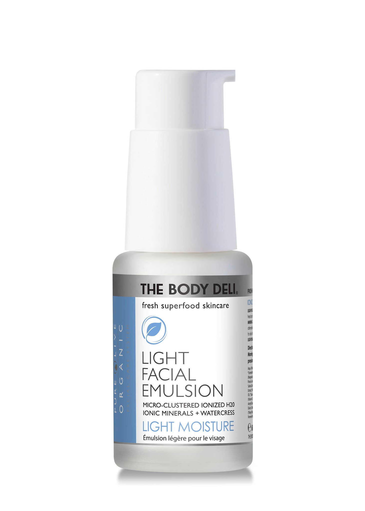 The Body Deli LIGHT FACIAL EMULSION (clarifying) MICRO-CLUSTERED IONIZED H2O + IONIC MINERALS + WATERCRESS Mini Size 10 ml. The Body Deli LIGHT FACIAL EMULSION (clarifying) MICRO-CLUSTERED IONIZED H2O + IONIC MINERALS + WATERCRESS Mini Size 10 ml.