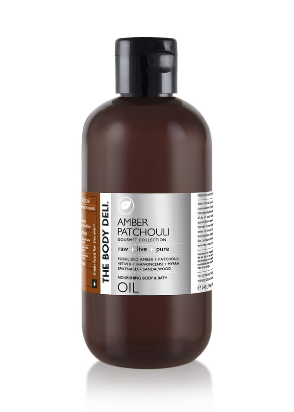Amber bottle of The Body Deli Amber Patchouli Nourishing Body Bath Oil