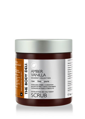 The Body Shop Amber Vanilla Scrub displayed, highlighting its creamy consistency and inviting amber vanilla fragrance for skincare.