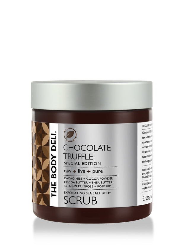 Chocolate Truffle Body Scrub in a stylish jar, highlighting its luxurious texture and enticing chocolate aroma.