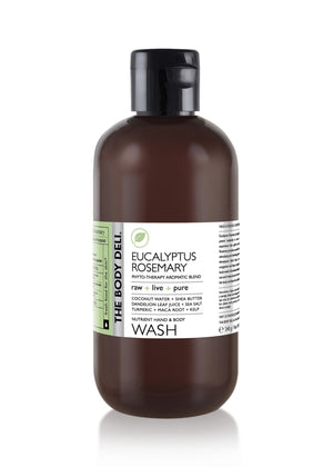 Eucalyptus rosemary body wash bottle with a fresh, natural design, surrounded by eucalyptus leaves and rosemary sprigs.