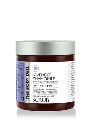 Lavender chamomile scrub designed for hand and body, offering a calming experience and gentle exfoliation for the skin.