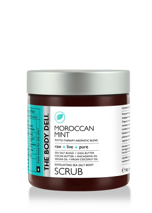 Moroccan mint scrub in a stylish container, emphasizing its refreshing scent and skin-nourishing properties.