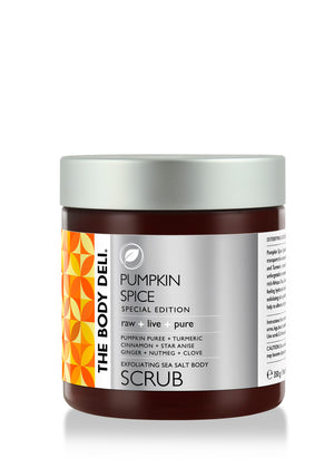 Pumpkin Spice Body Scrub in a jar, perfect for exfoliation, offering a delightful autumn fragrance for skin care.