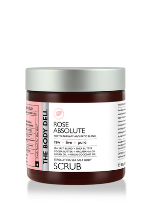 Luxurious Rose Absolute scrub in pink and white packaging, designed for hand and body care, emphasizing elegance and quality.
